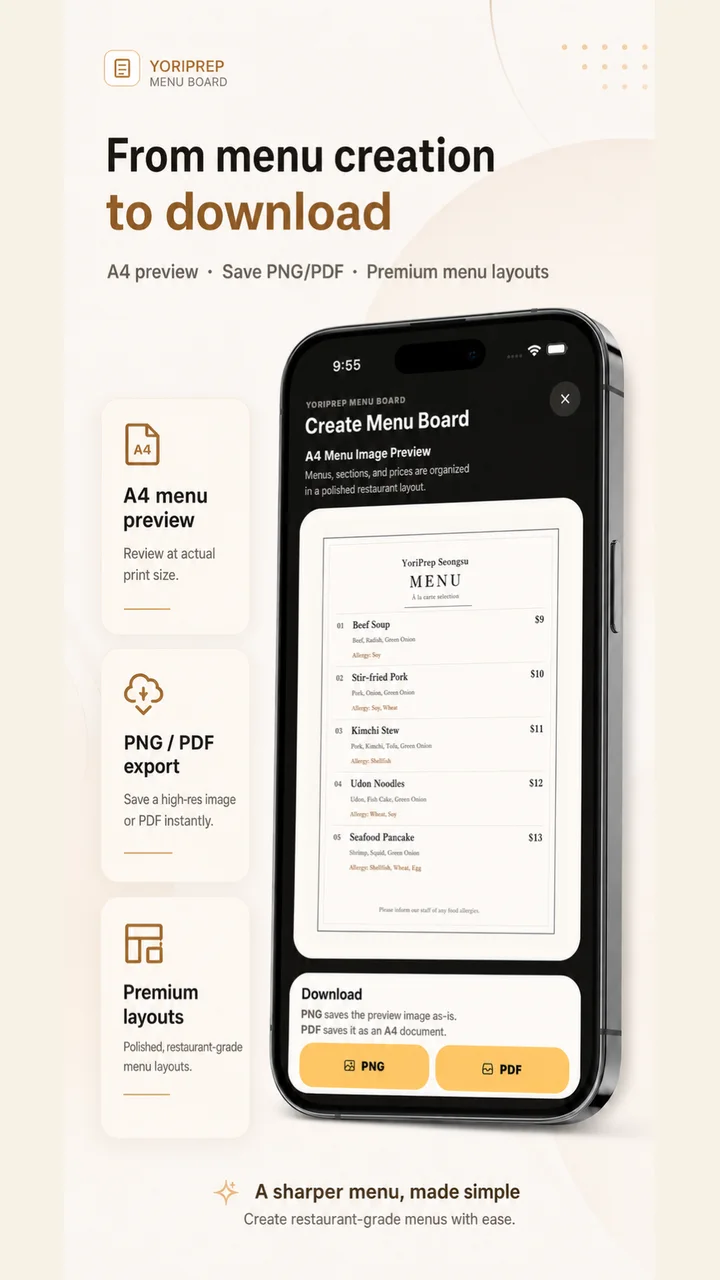 Creating a menu board and saving PNG or PDF files in YoriPrep
