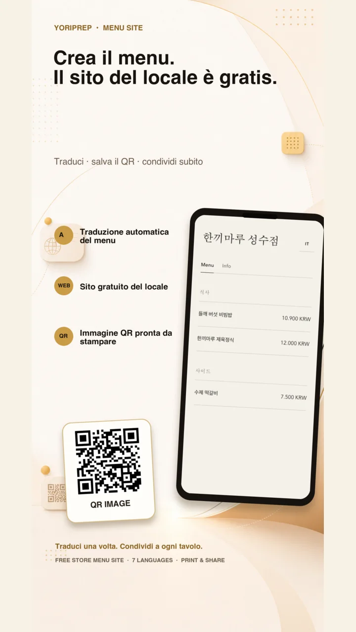 Sito menu YoriPrep in sette lingue con QR pronto da stampare